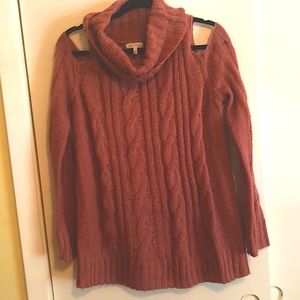 Cable Knit Cowl Sweater w/ Open Shldrs